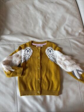 Mini Boden Mustard Owl Detail Knit Cardigan